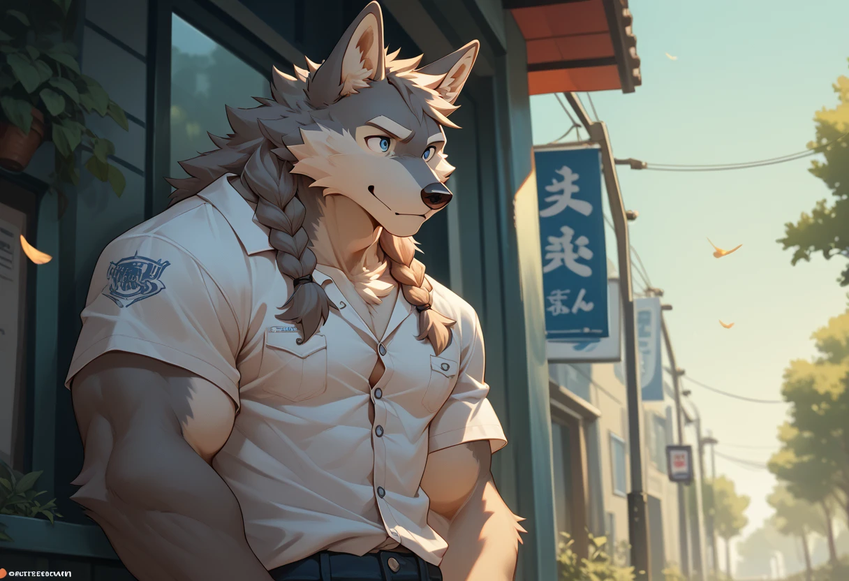 brown bear,(Sweat),(Naked upper body with towel on shoulders,Wearing black trousers,White coarse cloth gloves)(white brown hair,white belly)nude,depth of field, perfect lighting, light particles,(best quality),(masterpiece),(ultra higher than ed),sharp focus,light particles, Genji, de tailed eyes, blush, (Heterochromatic pupils: brown eye on the left, blue eye on the right), Smile, (alone), hairy, animal_ear_Brushed,, Put your arms behind ;came back, Upper body, Strong body,dick,bulge,((a little fat)),Sunlight, Tree, ,open mouth, from below, Put your arms behind existence'came back, male,