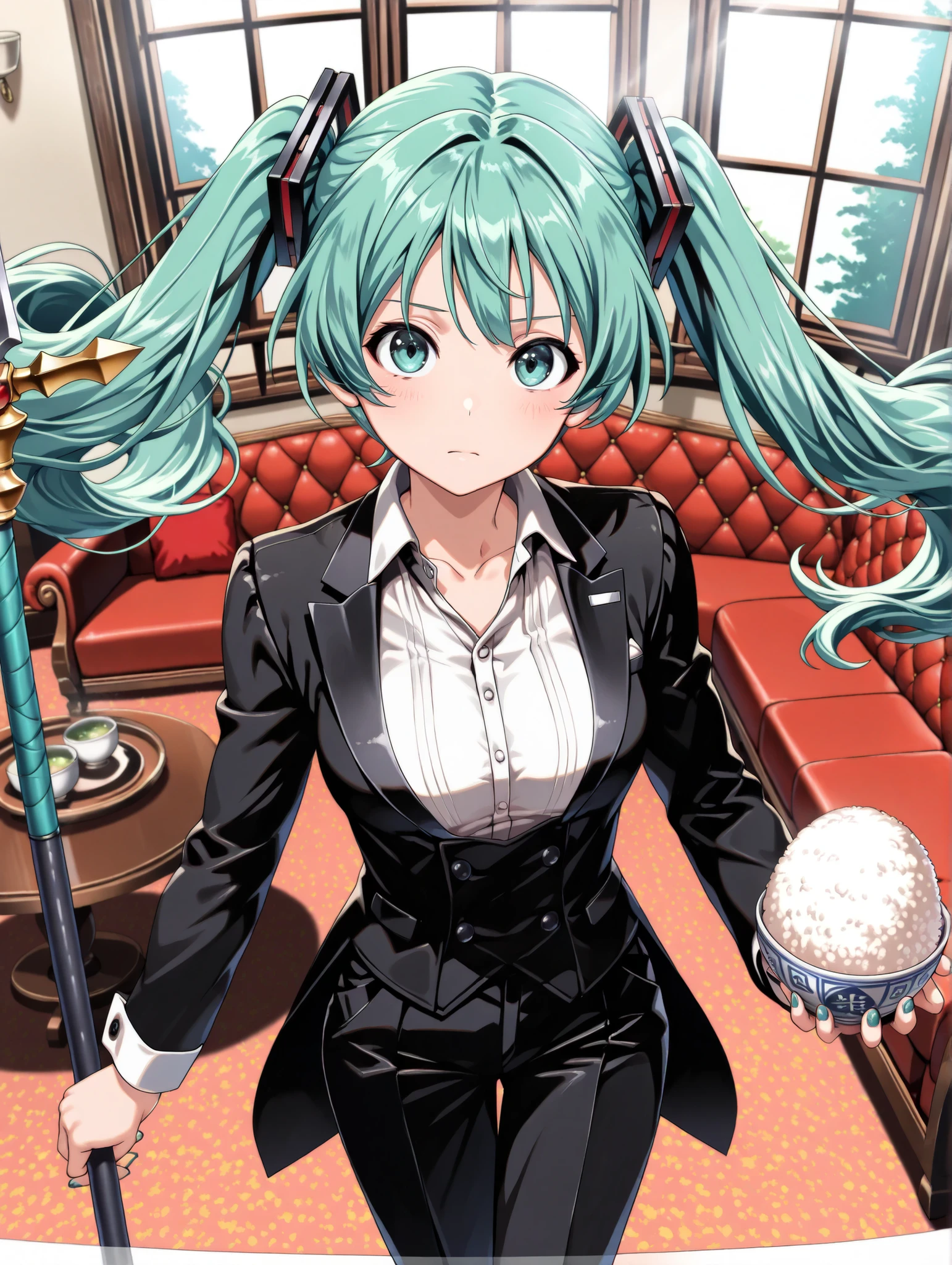 ( masterpiece、 Highest Quality、 Highest Quality、official art、 beautiful beautiful :1.2) Hatsune Miku、Light Green Twin Tails, beautiful breasts, concentrate on dog butler (stare at the rice bowl) gracefully brewing tea、Observe the whole, Sofa, tables, wide shot, Cinematic Lighting, cinematic composition,girl in butler clothes、Girls in men's clothing、girls in tuxedos and pants、(masterpiece, Highest Quality, perfect face:1.4), Wide angle, Proportion body, Proportion, beautiful hair, beautiful face, beautiful detailed eyes, beautiful collarbone, beautiful body, beautiful breasts, beautiful thighs in the window, beautiful leg, beautiful fingers, in their 40s, Wearing a Black Butler costume, transparent ear cover, A silver tray in one hand, with a white napkin on the other arm, in their 40s, serious expression, realistic skin with a spear, high resolution, in their 40s, Good move,