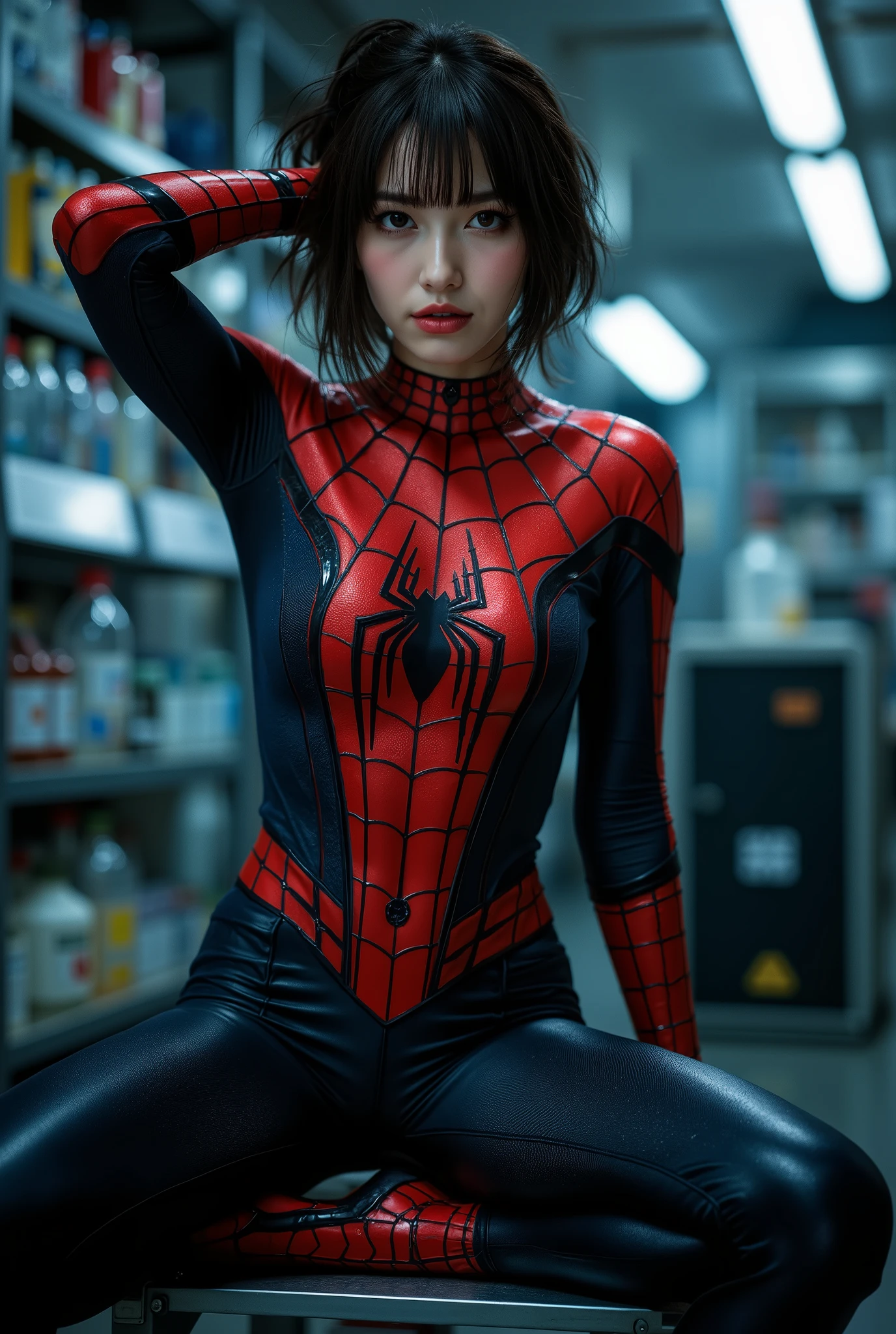 evening lab、bob hair、(((wearing a Spider-Man suit、cleavageを露出、and one hand behind the head、with your other hand between your es、 sit with your legs wide apart)))、pose while being aware of a triangle、high heels、(((highlight your )))、((wet ))、(((big breasts)))、cleavage、(((oiled body:1.3))) 、((wet body、wet hair))、((follow a strict structure))、“full body”、” Masterpiece:1.4”、Super Masterpiece、realistic 、realisticで詳細:1.2、((photorealistic realism)),((high resolution)),((super quality, professional very detailed digital art)), ((focus on extremely realistic Proportion Body:1.3)), ((portrait)),(((Realistic green dressed in cute and very beautiful, Japanese, 5, famous K-pop idol:1.35))), (super realistic texture details: 1.3)、(((beautiful white skin)))、(((hyper detailed skin:1.2)))、((Reproduce skin with ultra-precision))、Moisturized Skin、moisturized skin:1.o detailed that pores and blood vessels are visible.)))、((very beautiful face)), (Delicate facial expressions), ((depict pupils in detail:1.3)), (( detailed symmetrical lips :1.3)), ((long eyelashes:1.4)), (perfect eyeshadows:1.4), (detailed nose), (perfect configuration),perfect female body in bed,absolutely perfect body 、oiled body 、(((beautiful long legs、good style:1.3))),,((Perfect Women's Hips  )),(perfect hot model body:1.4)、(Have a perfect body),(((Muscular and beautiful abs)))、((thin waist、tight waist))、((very detailed:1.33)), depth of field,  Cinematic Lights , lens flare on the back, DSLRs that will end,((( top quality soft lighting))), (((“sharp focus”, Focus on the person)))、((realistic portrayal of life as if seen right in front of one's eyes))、((aerial perspective))、((Shot with Canon EOS 5D))、((F/1.8))、((( full body:1.5)))、