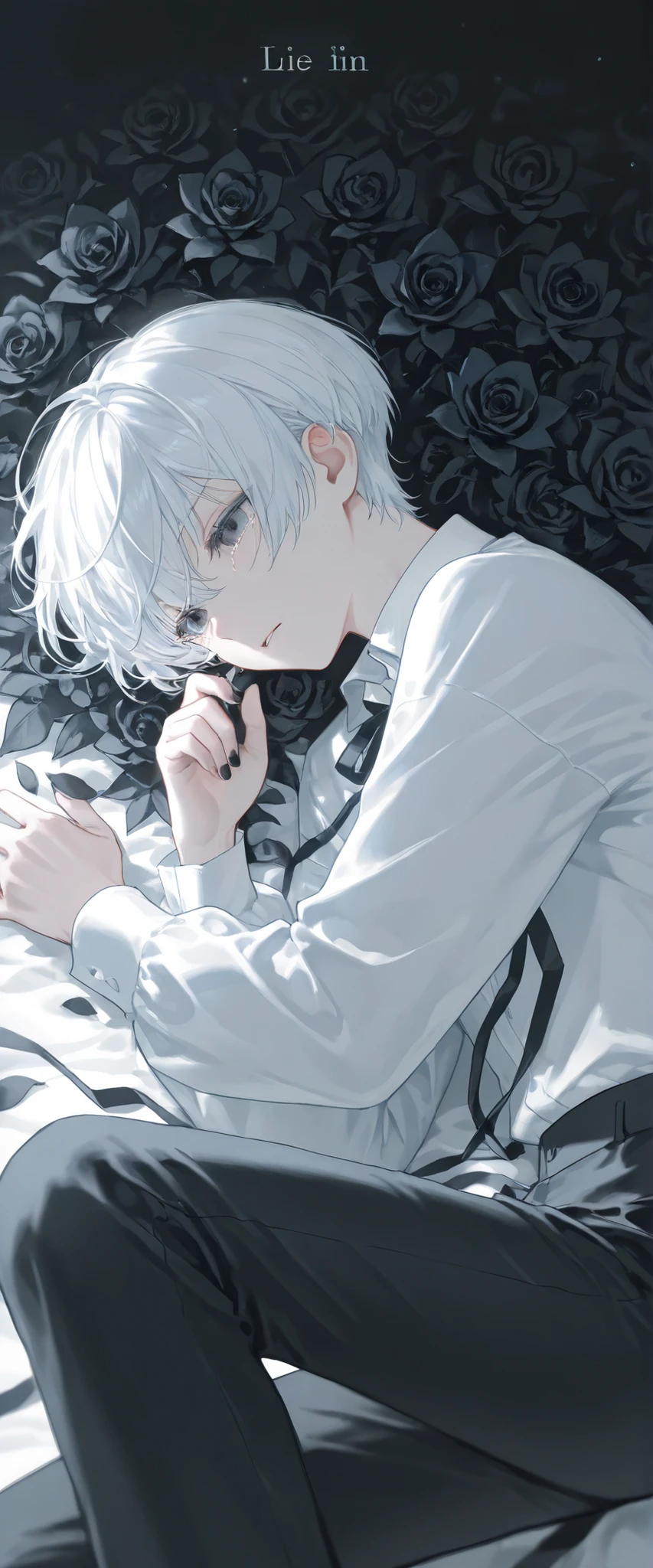(1 boy with white hair short cut:1.4),((Black flowers lie in many coffins))、 white shirt、black pants、moonlight、tears