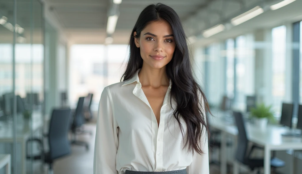 raia, a beautiful girl in a professional office setting, black hair, looking at viewer, elegant red business attire, gentle expression, full smile, professional and efficient, office supplies, warm lighting, photorealistic, highly detailed, cinematic composition, dramatic lighting, color grading, Rembrandt lighting