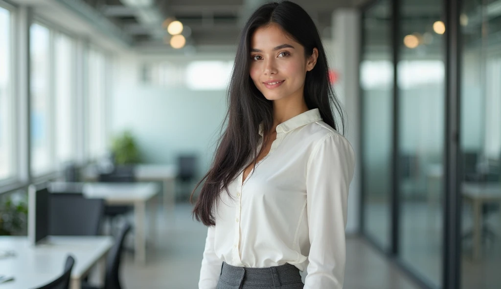 photo realistic office woman in her late twenties, she is black and has medium length hair who is wearing wearing casual clothes with a modern open plan office as the background, she is looking at the camera