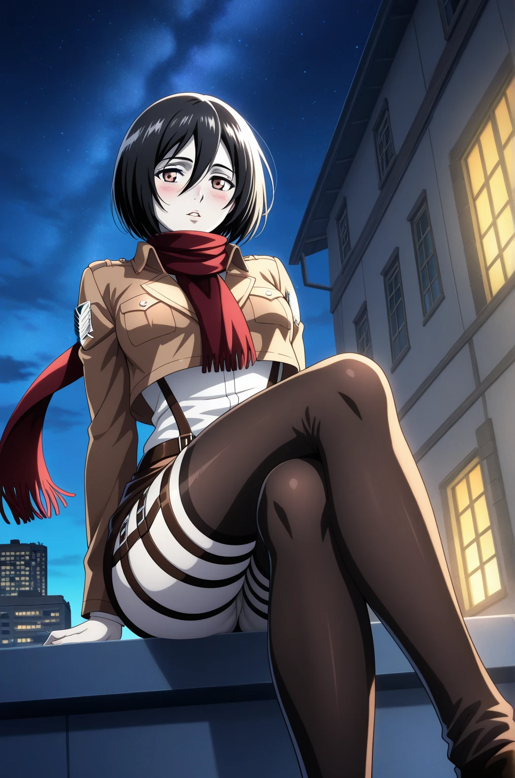 Highest quality High resolution Simple Attack on Titan Mikasa Ackerman Mikasa Ackermanコスプレをする可愛い女の子 White Hair Pointed Ears White shiny outfit mini skirt boots head to feet