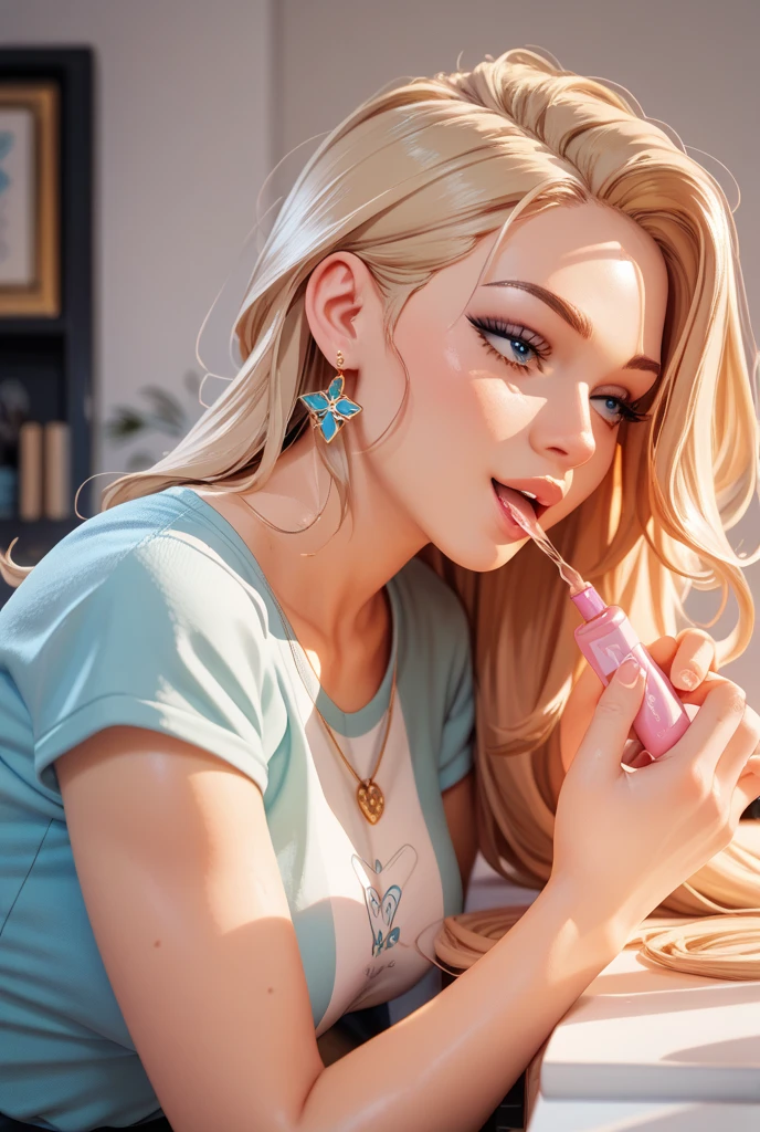 Personagem Yvonne Strahovski omagem de desenho animado de uma mulher .cartoon style illustration, estilo de arte dos desenhos animados, estilo de arte dos desenhos animados, digital illustration style, design de personagens altamente detalhado, arte digital detalhada fofa, City fan art, Design de personagens de retrato, beautiful digital illustration, retrato de alta qualidade, Arte em quadrinhos, mulher jovem. expression of sexual desire white background comendo sorvete