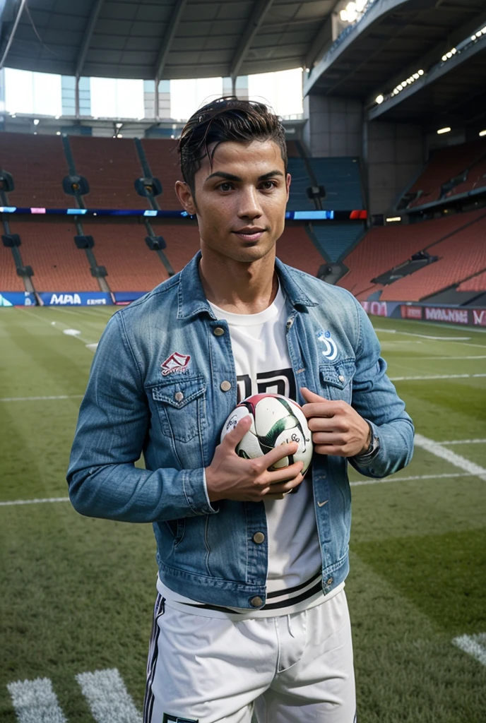Cristiano Ronaldo stands on the green，Hercules cup in hand，beautiful weather，Strong light，Wearing a Portuguese national football team player