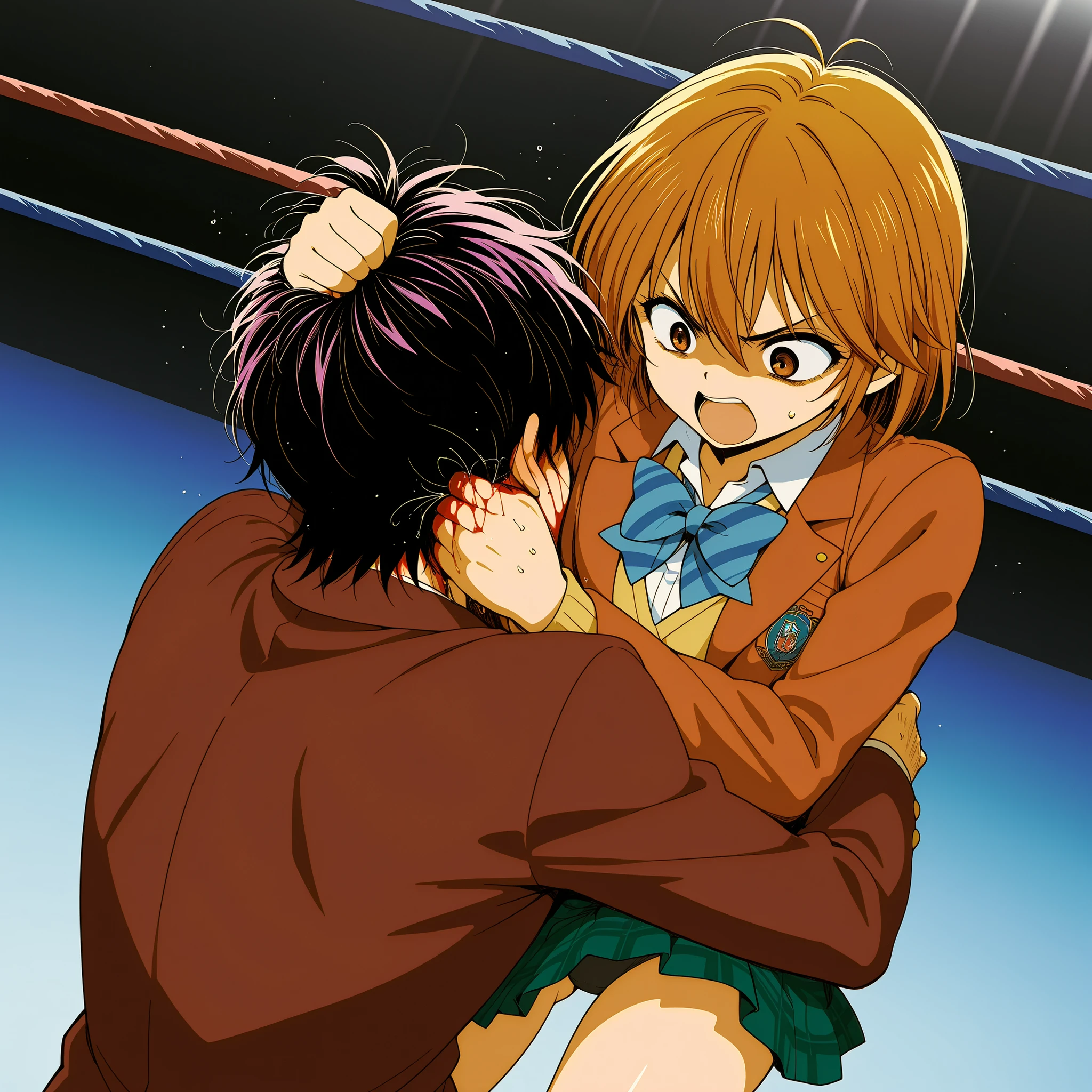 nagisa misumi, short hair, brown hair, brown eyes,skirt, bow, school uniform, jacket, bowtie, blue bow, blazer, brown jacket, plaid, plaid skirt, green skirt, red blazer,black panties,
1 girl 1 boy,,score_9, score_8_up, score_7_up, score_6_up, score_5_up, score_4_up, angry face,
1girl 1boy,angry face, looking down,
A girl grabs the boy's hair,
Girls punch boys ,Reach out,girl punches boy in the face,Jab,Straight,Uppercut,
Disconnect, Bruises, damage,Boy's Face Is Bloody,school freestyle wrestling ring , sound effect,
(Disconnect, Bruises, damage,Covered in blood),The boy's face is covered in blood,