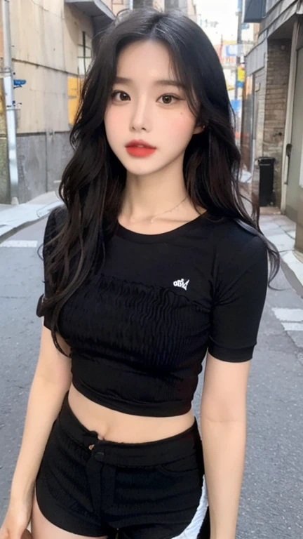 Very cute face、smile、12 years old、girl、Fluffy long hair、Beautiful legs、Beautiful body、Thin legs、White skin、Black T-shirt、Black mini skirt、White panties、