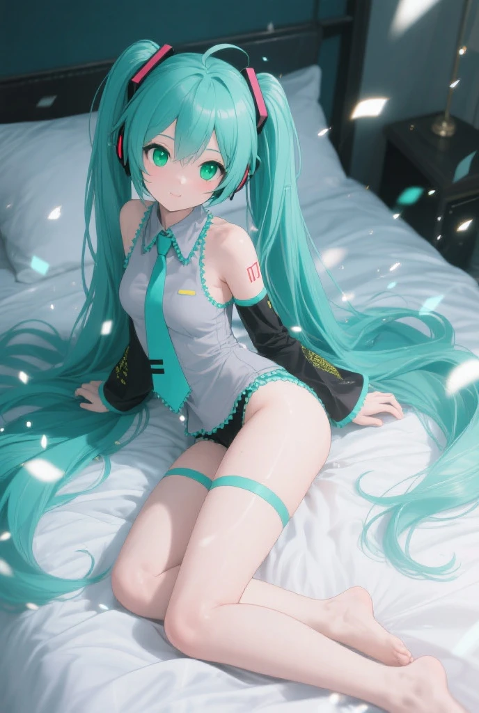 Hatsune Miku lying on the bed with his legs spread His hands inadvertently lifted his clothes Rubbing his breasts Details High quality
