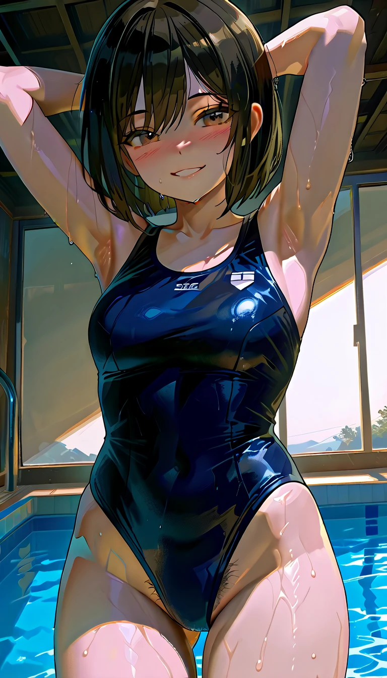 Detailed hair, detailed skin, detailed fabric, detailed eyes, detailed lips. Brown haired young woman, beautiful, bob hair, brown eyes, small to medium , smiling, white see through thin sleeveless one piece swimsuit, wet, perky nipplestoe, nervous smile, Tokyo, nervous, blushing, embarrassed, exhibitionism.