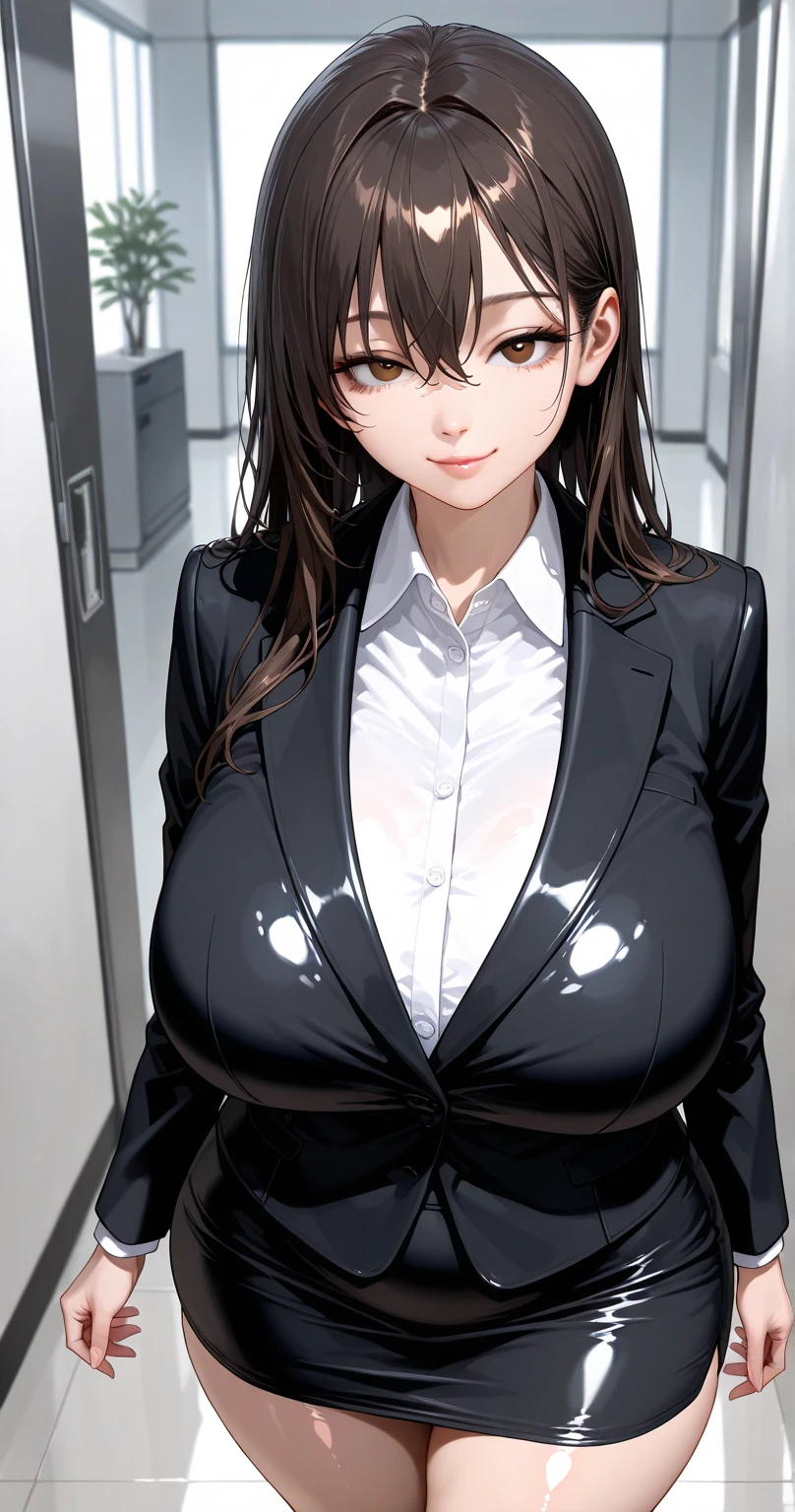 (modern office indoors), 1lady, solo, mature female, (black medium hair), bangs, (suit), (jacket), open jacket, (pencil_skirt), (black pantyhorse), ((id card)), blush kind smile, (masterpiece best quality:1.2), delicate illustrations, high resolution, super detail, (huge breasts:1.1), ((bra visible through clothes)), (white shirt), black bra