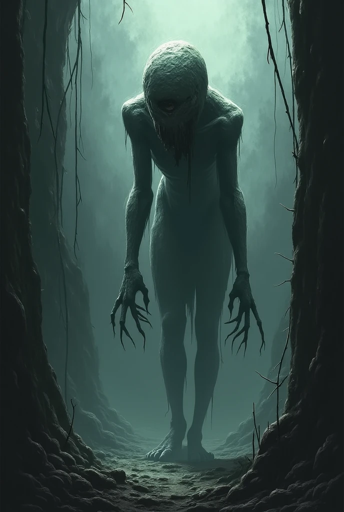 Gloom Stalker: A tall, gaunt figure with elongated limbs and fingers, emerging from a dense, dark mist. Its skin is a pale, ghostly hue, and its eyes emit a chilling, blueish light.