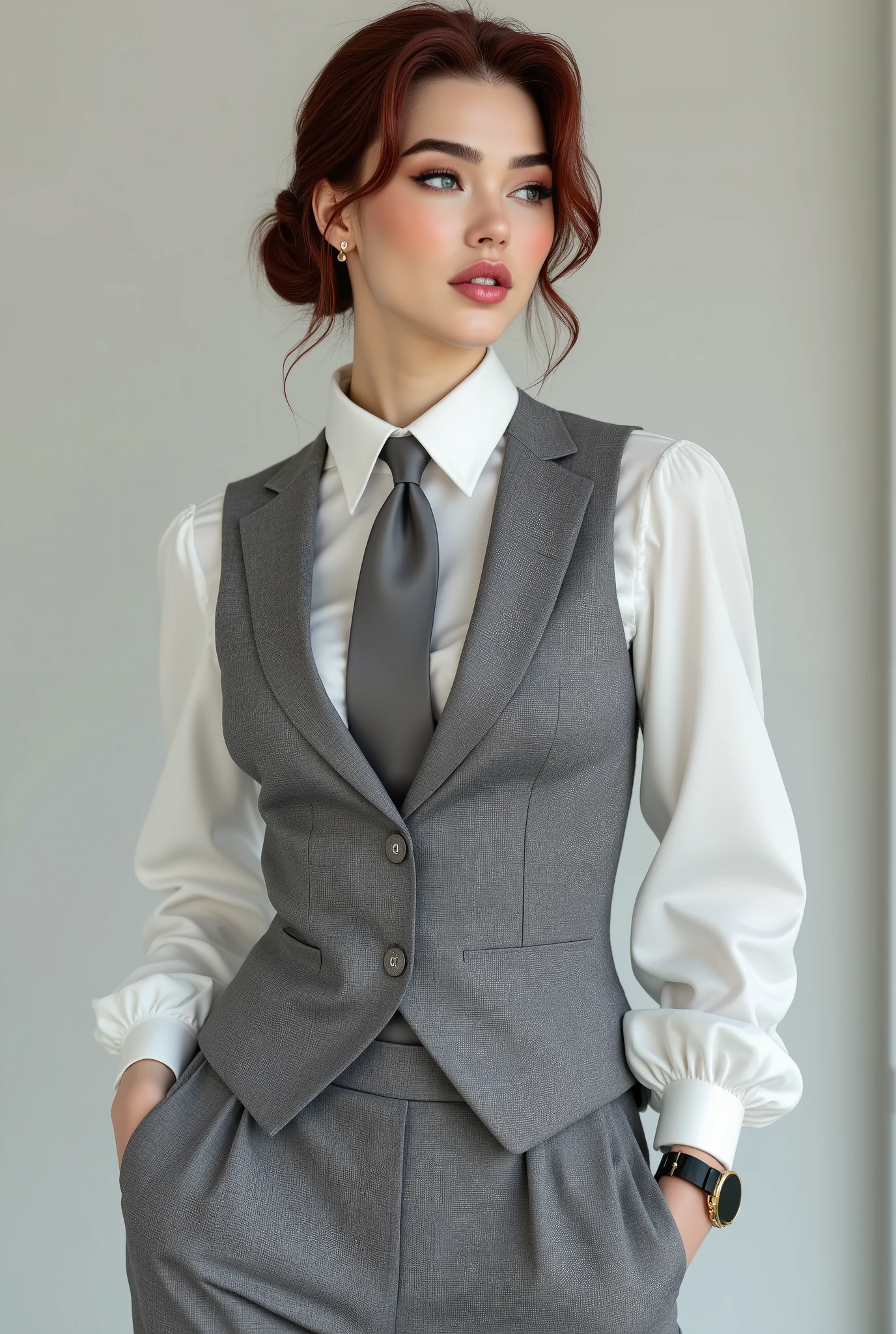 photorealistic, woman with auburn hair wearing a white satin blouse with a grey neck tie, a grey vest and grey pantalon pants, business attire
