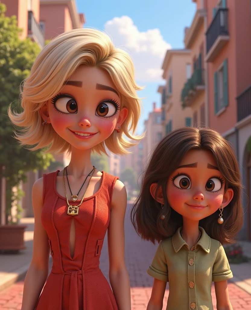 Pixar-type poster of a 2 woman with wavy brown hair, fair skin, medium-sized eyes, big mouth, small nose, dressed elegantly