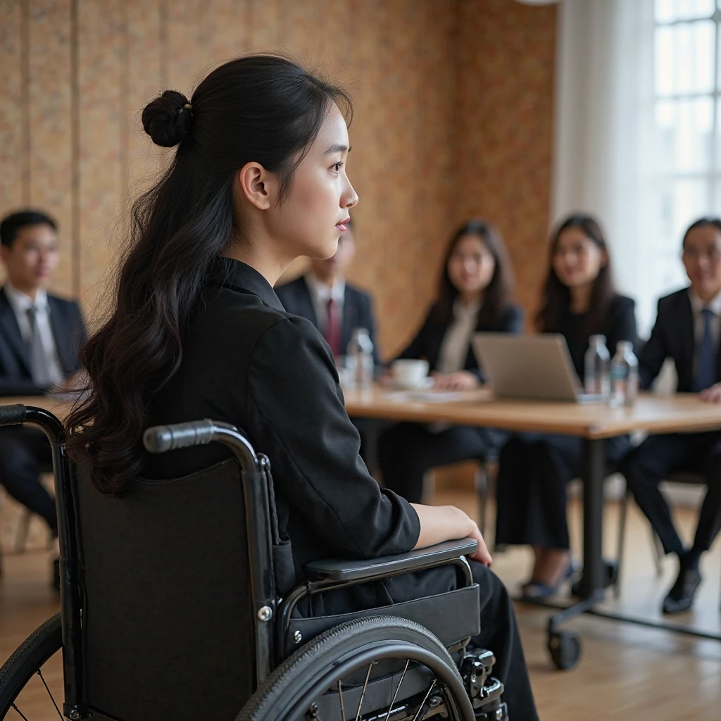 A hijabi modern woman teacher in her active cool red wheelchair, wearing knee high boots, teaching to her class, students are listening to her