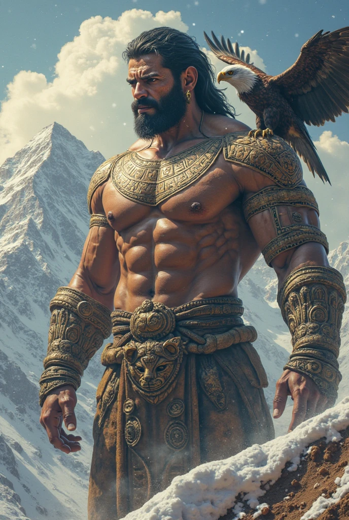 (photorealism:1.2), a heavy strong body man ,long hair ,bun of half hair ,water coming from mid of head of that person,having three line in the mid of forehead,standing on mountain