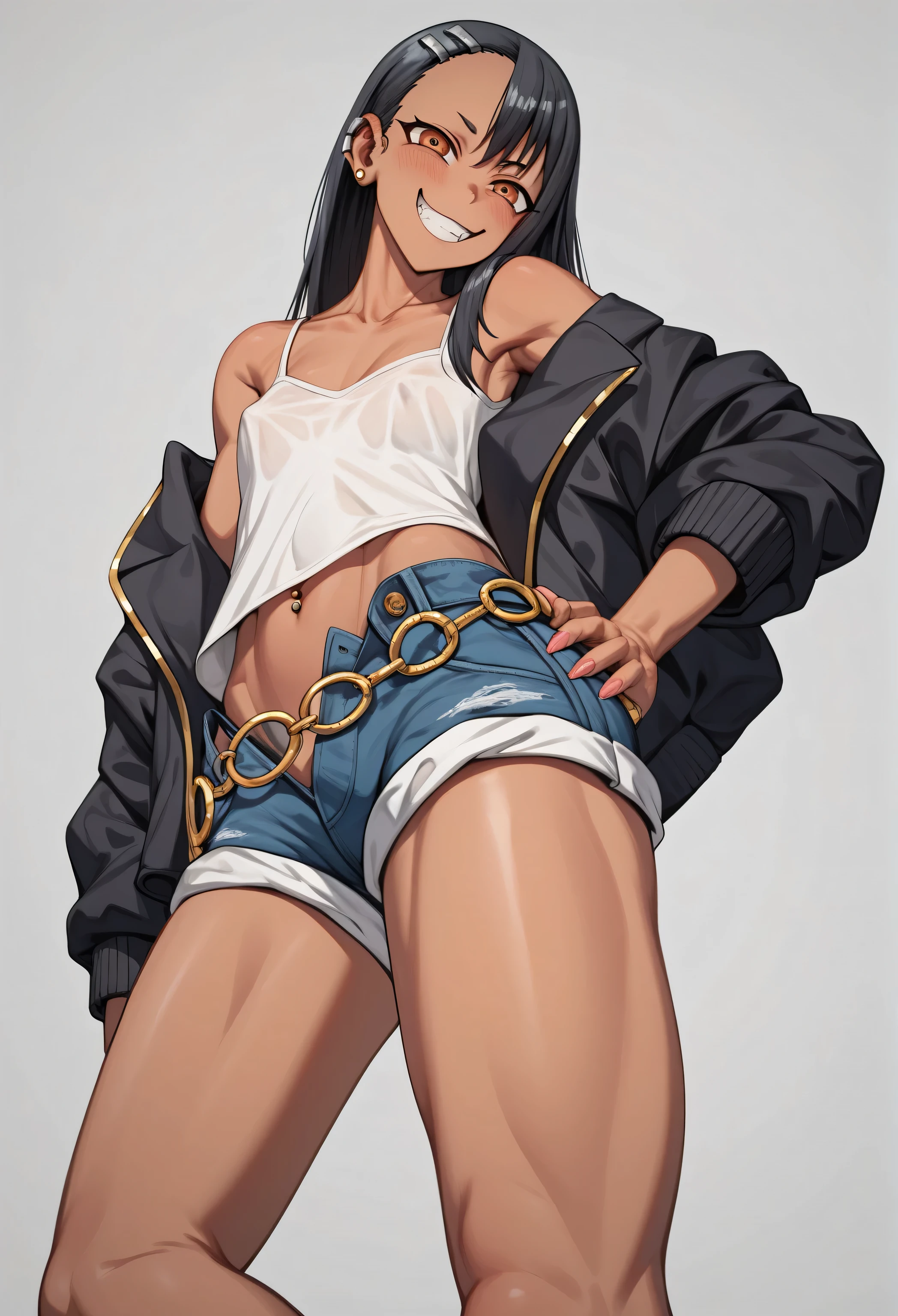 score_9, score_8_up, score_7_up, 1 girl, ssunburnding, Nagatoro Rapids, solo , anime, Gold, hair clip, smile, sunburn, dark-skinned woman, ハデガルChain belt, Oversized O Ring , Chain belt, black cropped jacket, light green camisole, white shorts, Navel Piercings, masterpiece, ultra detail, 4K, Hot viewers,
