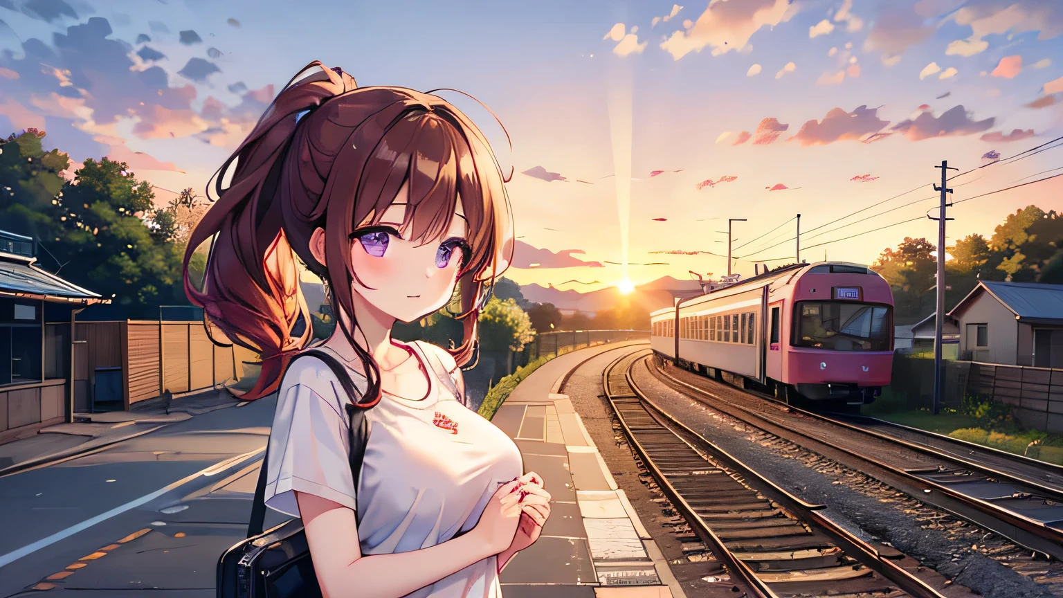 Man and woman standing on a quiet station platform at sunset、The girl has red hair、ponytail、Purple eyes、big breasts、beautiful、 lori、 Gently put your hands together in front of your chest( to pray for a green dream )、has a slightly shy expression。 The man has brown hair 、Curly hair( t-shirts)。 The two make eye contact、they laugh like they're a little shy。 the whole home is dyed in the sunset、the soft wind and summer air surround them、romantic moment、train station platform