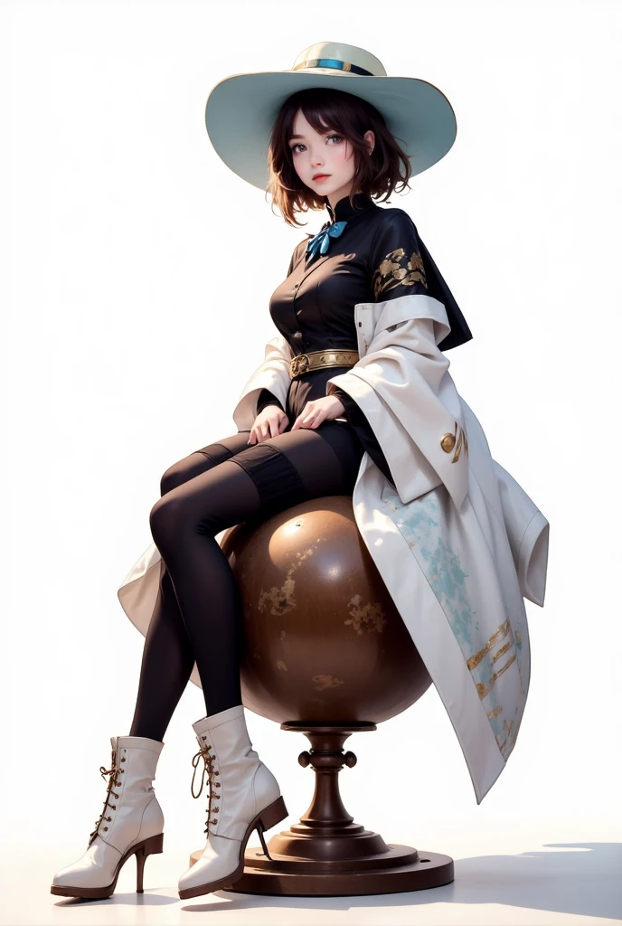 1.5),(girl),(Dynamic pose),Brown Hair,(Vermilion eyes),(first round),Big Breasts,White dress,Yellow coat