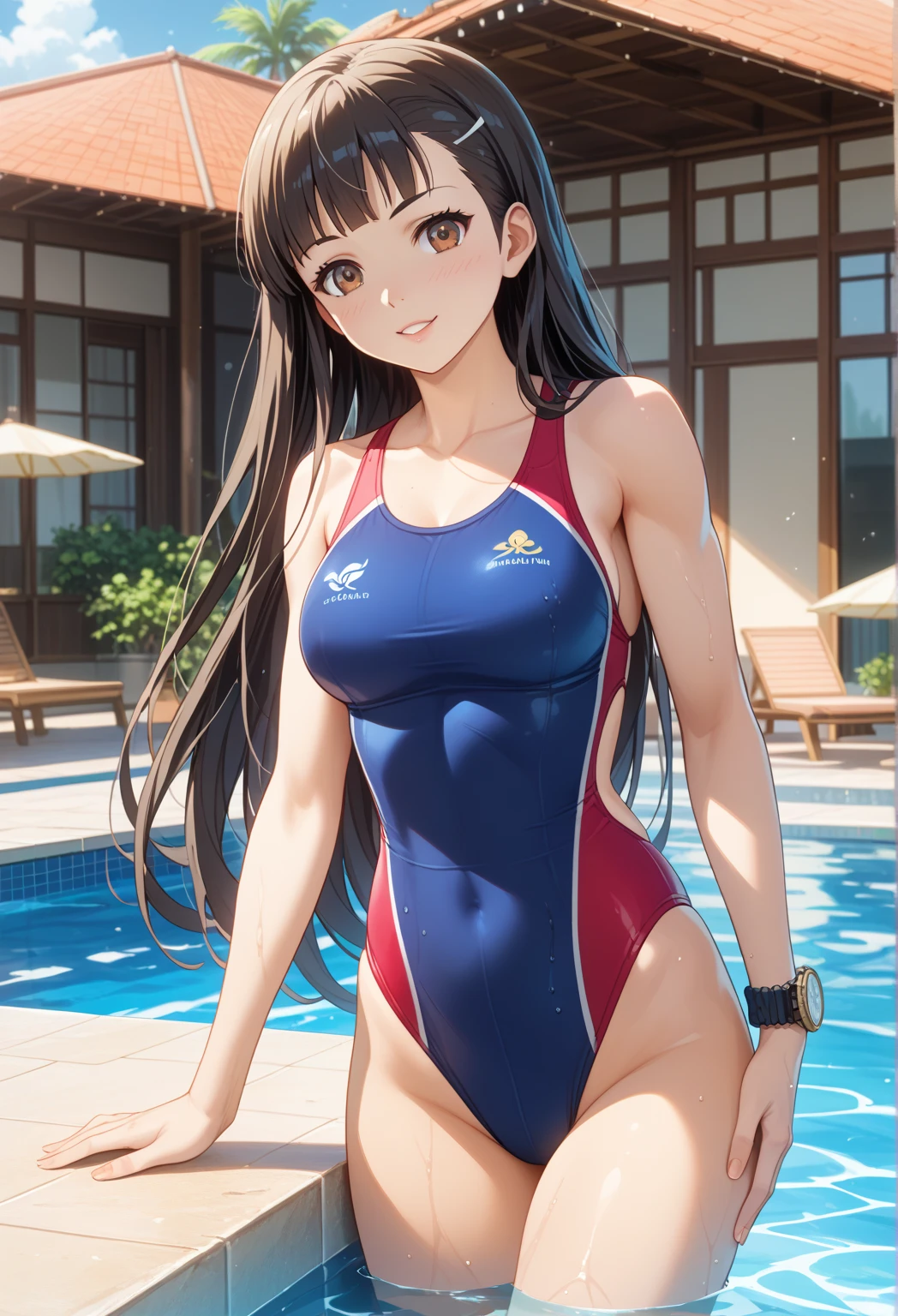 ((Wear a school swimsuit)), ponytail, Japanese Girls, 8K, ((Full Body Shot)), highest quality, masterpiece, Realistic, Photorealistic Super Detail, One Girl, cute, Best Smile, Beautiful Eyes, Long Hair, Perfect Face,Full Body Shot