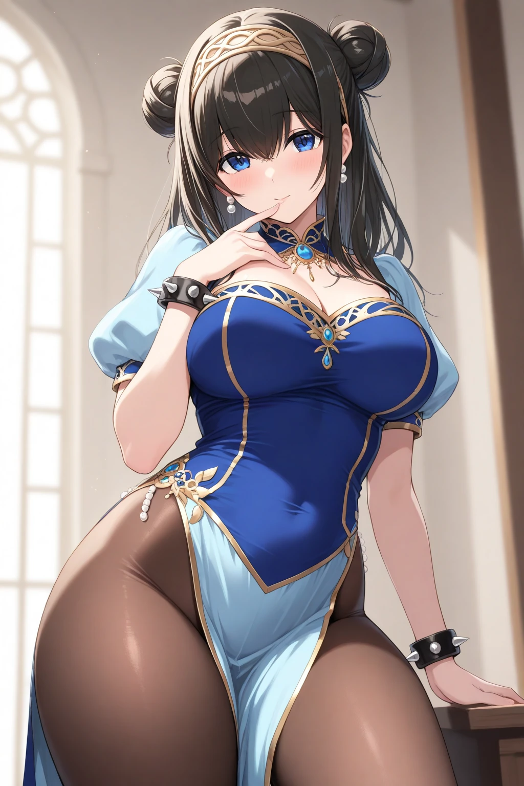 A Woman stands at a moderate height, around 5 feet 4 inches. Her lean and agile frame suggests a balance between physical prowess and scholarly pursuits. Her skin has a fair complexion, complemented by a pair of sharp, discerning eyes that gleam with intelligence. The eyes, a shade of deep blue, hold a hint of determination. Cascading down from her head is a mane of chestnut-brown hair, flowing in loose waves around her shoulders. Strands occasionally catch the light, revealing subtle hints of auburn highlights. Framing her face, the hair partially conceals pointed ears, a testament to her human heritage. The visage is adorned with a few faint freckles, adding a touch of natural charm. Wizard Robe, chinese dress,blue robes