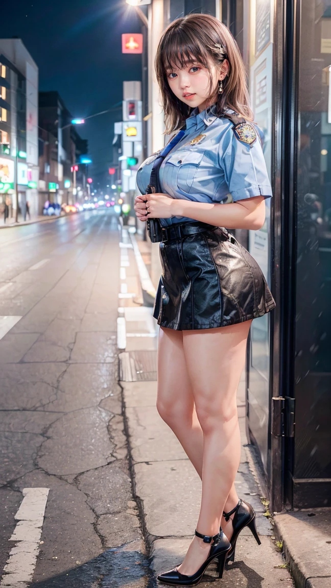 A beautiful policewoman in uniform with a tall figure, very long legs and huge breasts standing in a busy downtown area at night. View from below. Pantyhose