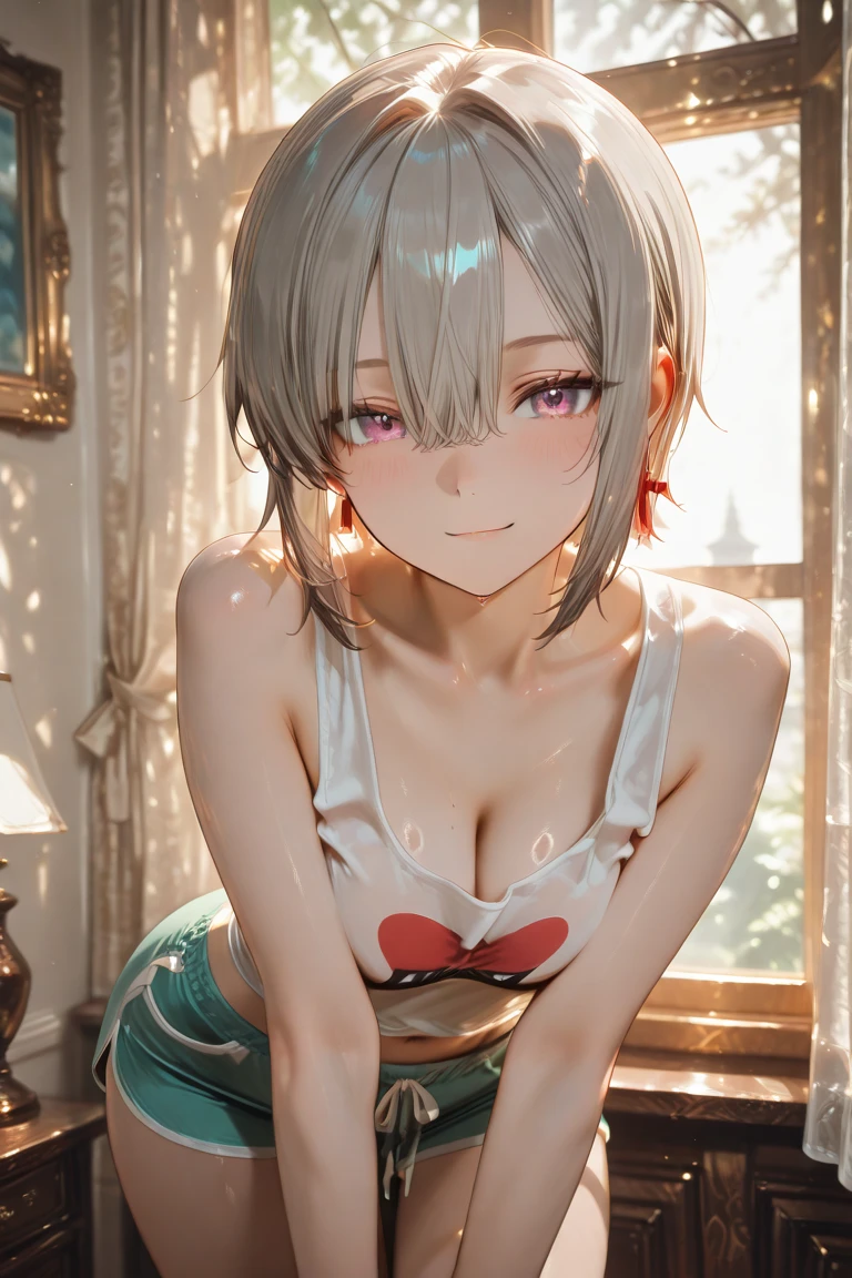(highest quality), (masterpiece), (High resolution), (intricate details:0.2),(professional lighting), room, detailed background, Oversized black t-shirt, off shoulder, (previous view), 1 girl, alone, (beautiful face:1.40), Because I'm slender, fine skin, smile, masterpiece、highest quality、be familiar with、1 female、18-year-old、Transparent blue eyes、blonde、black skin、((embarrassed face、blush、Watery eye、full of embarrassment、oil skin、shiny skin)), short hair、Seductive thighs、big breasts、big breasts cleavage、((sexy swimwear、pool)), ((full shot, Vulgarity))、((sweat,steam,wet、下品)), Bright sunbeams, ナイトプール、星空、ピンクとライトブルーのネオンライト、UVブラックライト、水に反射する