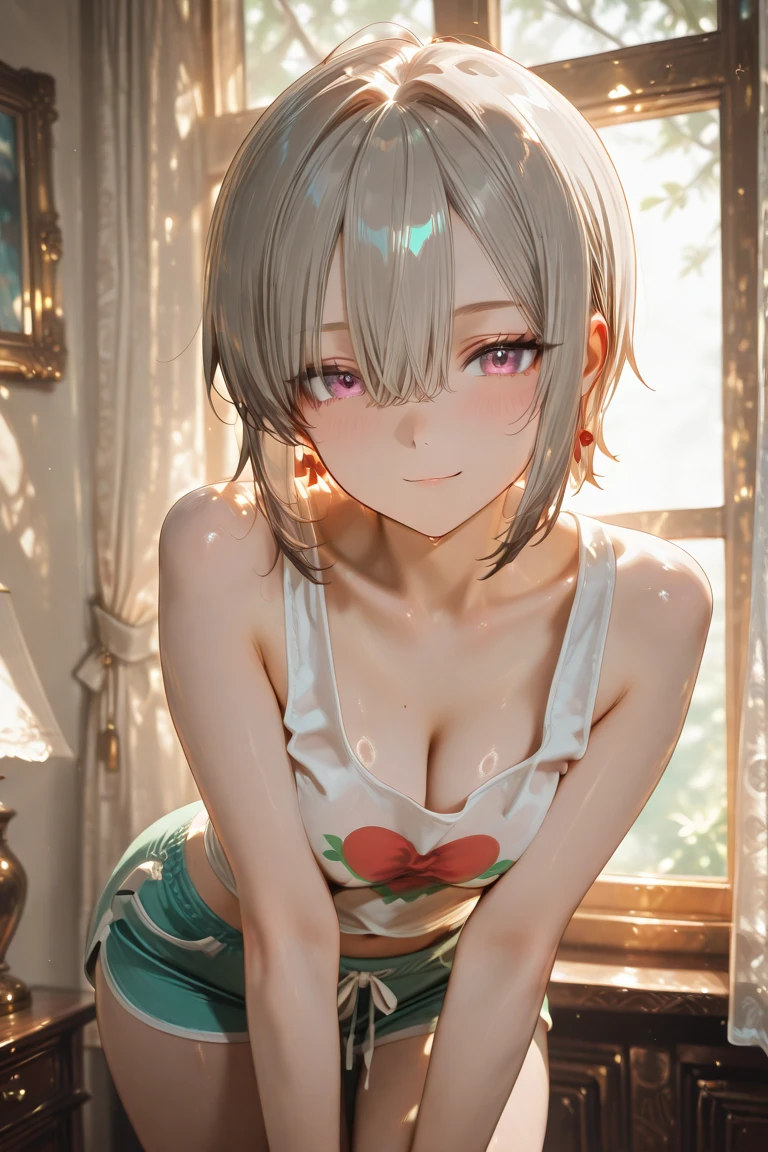 ((8k, Highest quality, masterpiece: 1.3)),Ultra-high resolution,(1 girl, alone), (Color changing eyes, Ultra-detailed, Expressive brilliance, Glitter, Glowing Eyes), Highly detailed eyes, Highly detailed face, Random Hair, ((pastel colour)), A shy young woman with pastel mint green hair styled into a loose bun, standing in her softly lit bedroom during the calm of early evening. She is wearing a blush pink bikini, and just as she turns towards the mirror, (the string of her bikini top suddenly comes undone, causing it to slip dangerously low). Her cheeks flush a deep red as she quickly brings both hands up to press the loose bikini top against her chest, trying to keep it in place. The camera captures her from a low, frontal angle, focusing on her flustered expression and the delicate way she holds the bikini, with the warm, golden light from the setting sun softly illuminating the room, adding to the intimate atmosphere.