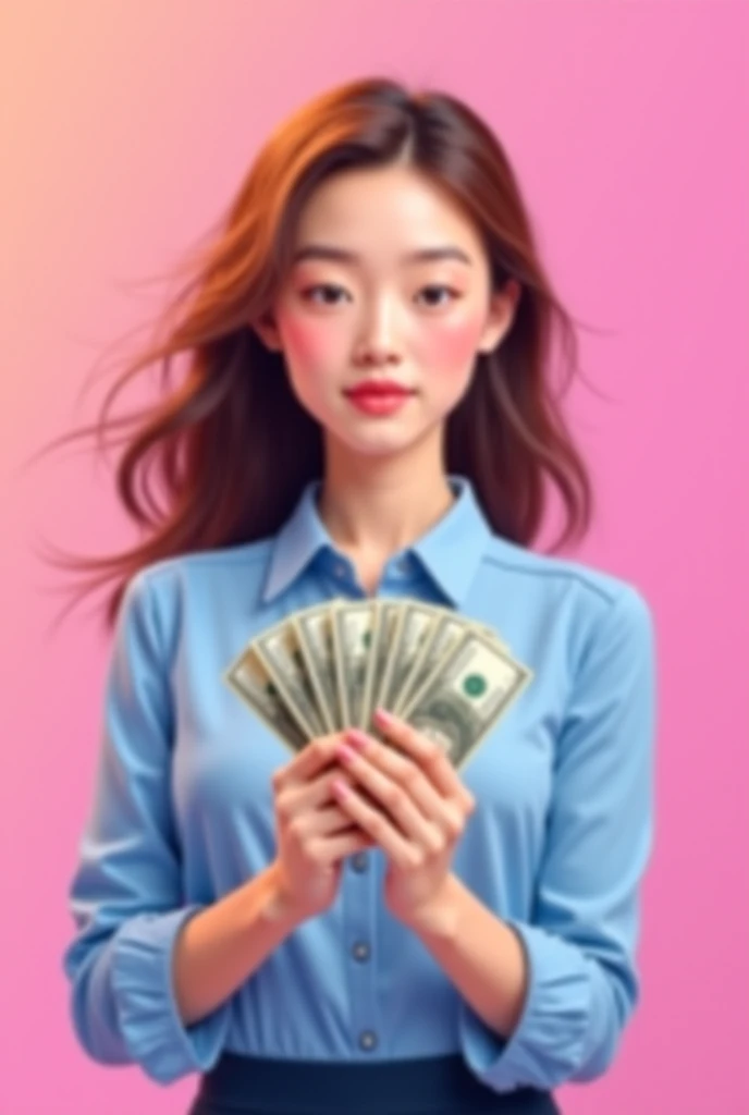 Create an image of an 18-year-old Asian female, holding money in her hand, with a cute and smiling face. The image is full-body, slightly revealing, youthful, and realistic.