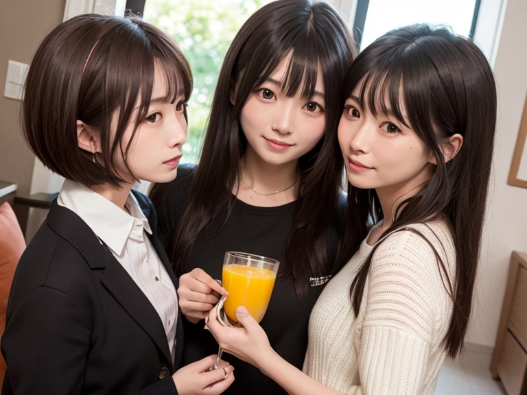 two women sitting at a table with drinks and cell phones, ulzzang, Ella tiene el pelo negro con flequillo, con negro, Nixeu y Sakimichan, Dos modelos en el marco, con flequillo, Sakimichan, beautiful gemini twins, con flequillo completo, con el pelo corto, Cabello largo y negro con flequillo, huge breasts, gemelos, dos chicas, Cabello negro Hime cortado
