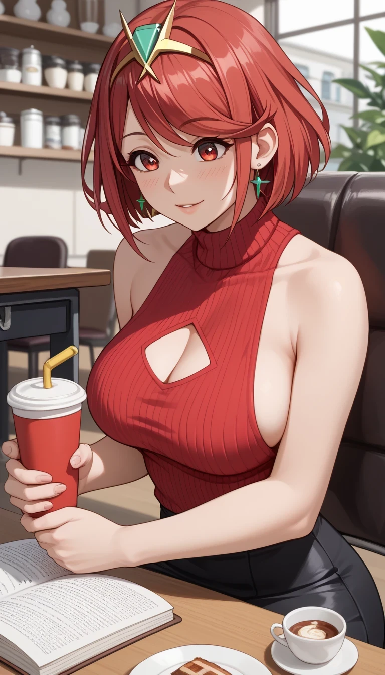 A woman who is，50yearsold，Big wavy reddish-brown long hair，With stud earrings，Red lips，Red slip top，Coffee in hand，Loud growl in anger