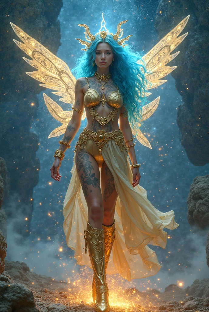 A colorful moth, its wings a vibrant tapestry of hues, flutters gently around an African black woman as she walks through the desolate, otherworldly desert landscape. The moon casts an ethereal glow over the scene, illuminating her graceful form and the fine details of her features – the delicate curves of her face, the expressive depths of her large, almond-shaped eyes, and the mesmerizing patterns of her intricately-designed body tattoos. In the background, her footprints in the sand are visible, shimmering with iridescent light as if imbued with a magical radiance. The surreal atmosphere is further emphasized by