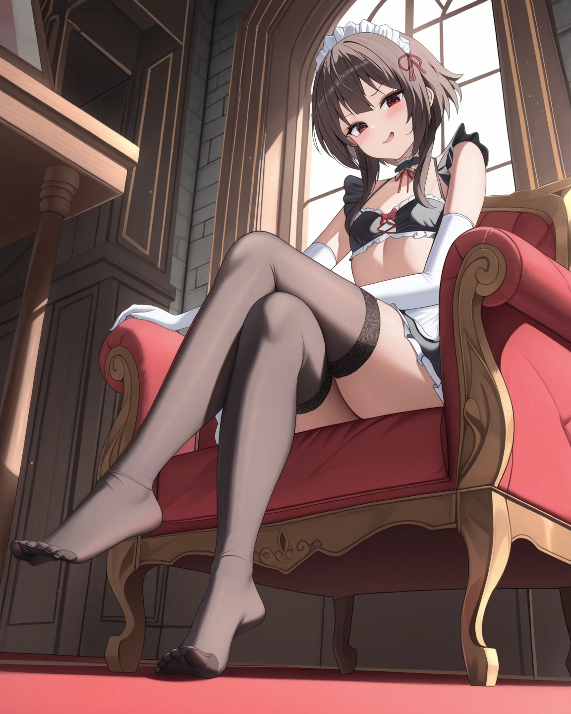((Best Quality)), ((masterpiece)), (detailed), 1 girl,short white skirt, neckline, black stockings, garter belt,21 years, pink panties, sitting, crossed legs, long black fur, brown skin,((Whole body)),((profile view)),((view from below))