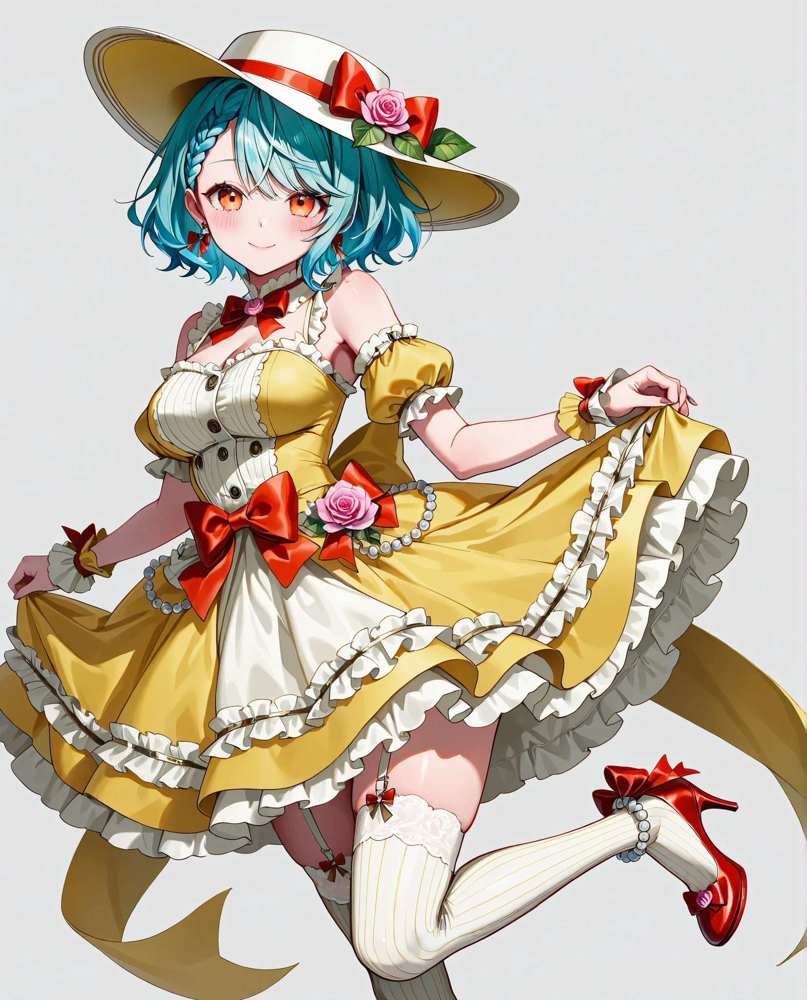 garter_straps, 1girl, (solo), aqua hair, short hair, braided bangs hairstyle, orange_eyes, golden_eyeshadow, large_breasts, earrings, bare_shoulders beads bow buttons closed_mouth elegant_hat detached_sleeves dress dress_bow flower footwear_bow formal_clothes frilled_anklet frilled_dress frilled_headwear frilled_sleeves frills happy hat hat_bow hat_flower (high-low_dress) high_heels jewelry lace-trimmed_thighhighs lace_trim leaf light_blush looking_back neck_ruff pink_flower pink_rose puffy_short_sleeves puffy_sleeves red_bow red_heels ribbed_thighhighs rose short_sleeves simple_background sleeveless sleeveless_dress smile standing stiletto_heels striped_clothes thighhighs vertical-striped_clothes vertical-striped_sleeves vertical-striped_thighhighs white_background white_hat white_thighhighs yellow_dress yellow_sleeves