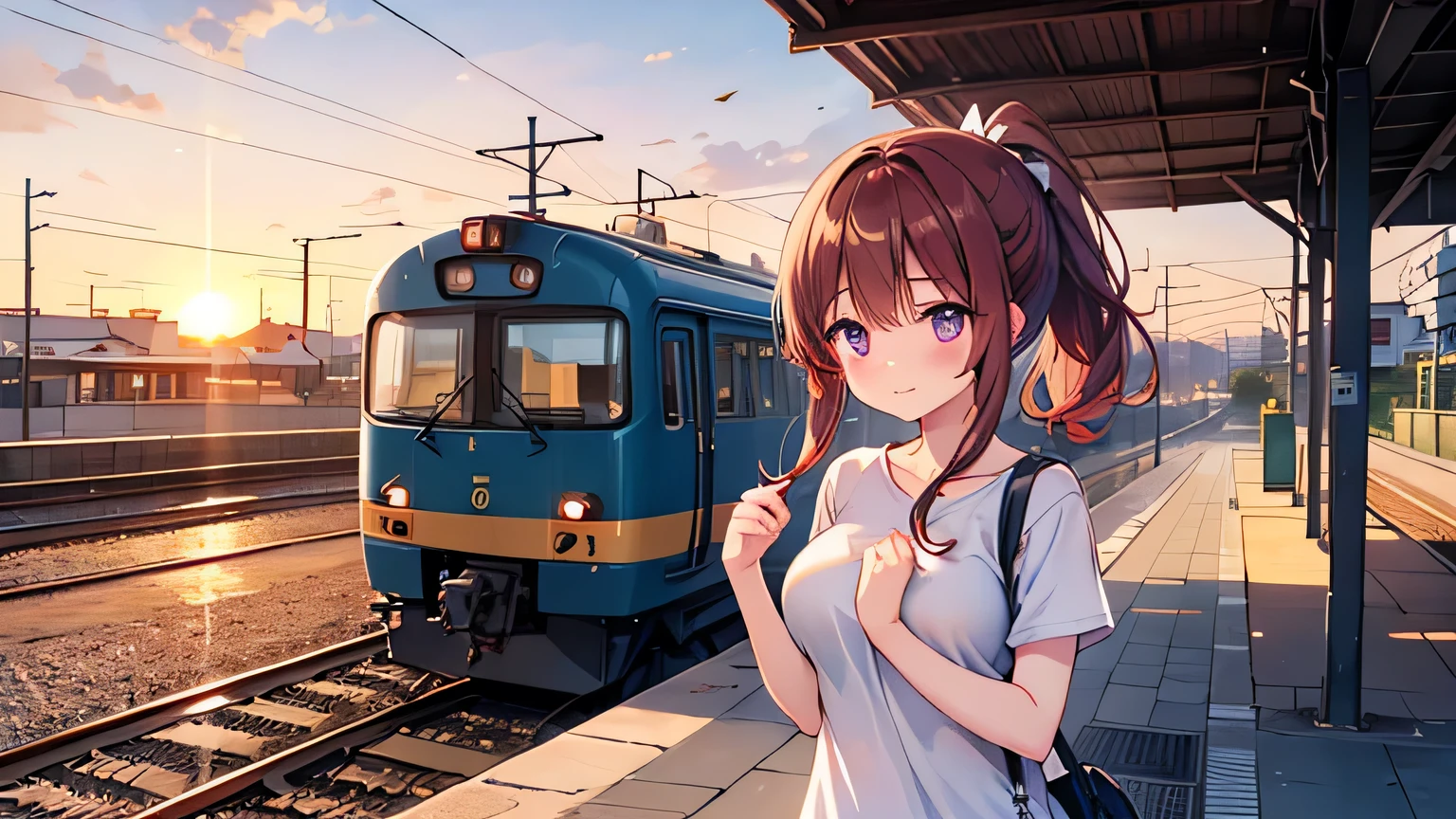 Man and woman standing on a quiet station platform at sunset、The girl has red hair、ponytail、Purple eyes、big breasts、beautiful、 lori、 Gently put your hands together in front of your chest( to pray for a green dream )、has a slightly shy expression。 The man has brown hair 、Curly hair( t-shirts)。 The two make eye contact、they laugh like they're a little shy。 the whole home is dyed in the sunset、the soft wind and summer air surround them、romantic moment、train station platform
