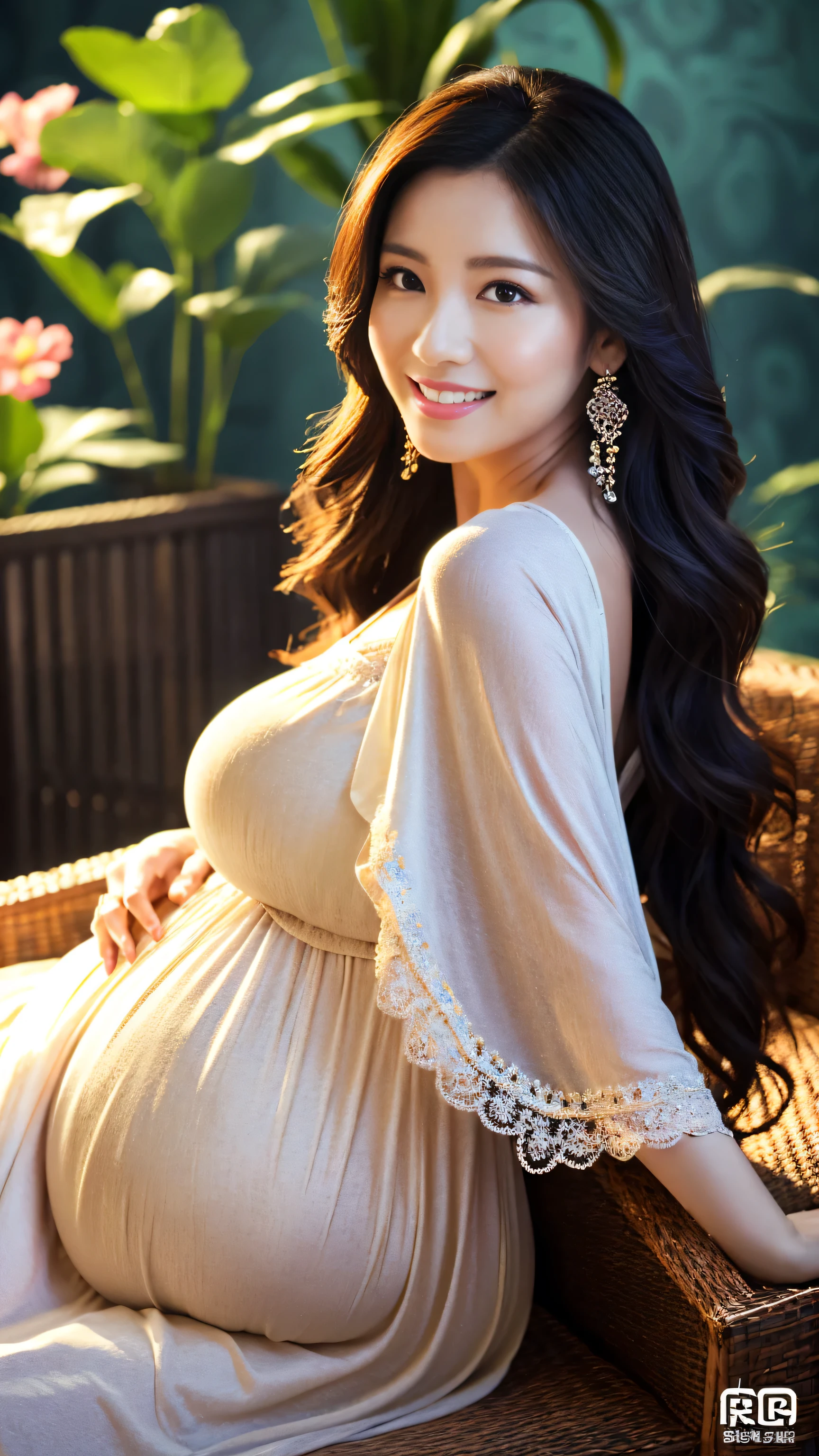 heavily pregnant woman holding her big belly wearing velvet maternity and accesories having contractions pain