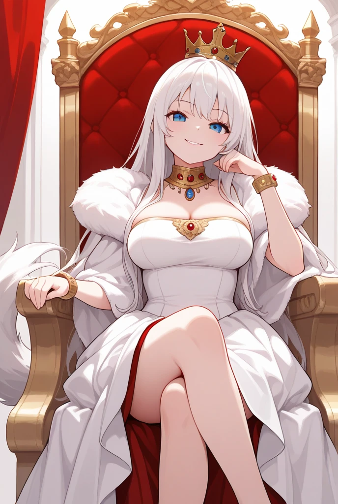 (medium portrait:0.7), (best illumination:1.1), (long white hair:1.1), (red eyes:1.1), 1girl, adult woman, royal, wolf ears, evilish serious smile, platinum-white garments, big breasts, exposed cleavage, naked legs, spread legs, in the middle of a palace, sitting on a throne, petting a giant wolf, (canine tooth:0.4)