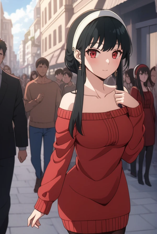 yorbriar, yor briar, black hair, (red eyes:1.5), earrings, white hairband, hairband,
BREAK black bikini , big breasts, wide hips , milf body ,((( crowded public , everyone looking, flashing her body , flashing her coat , smile))) , emb
BREAK outdoors, city, sky, sun, clouds,
BREAK looking at viewer, (cowboy shot:1.5),
BREAK (masterpiece:1.2), best quality, high resolution, unity 8k wallpaper, (illustration:0.8), (beautiful detailed eyes:1.6), extremely detailed face, perfect lighting, extremely detailed CG, (perfect hands, perfect anatomy),