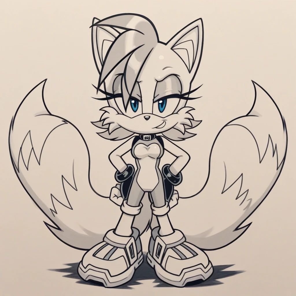 Mobian, (Cat), Female, (Ribbed abs, busty, skinny, tall, cleavage White hair, white body, white fur, furry) Blue Tank top, Light Blue skirt, Long Boots, Shin Guards, Red Gloves,