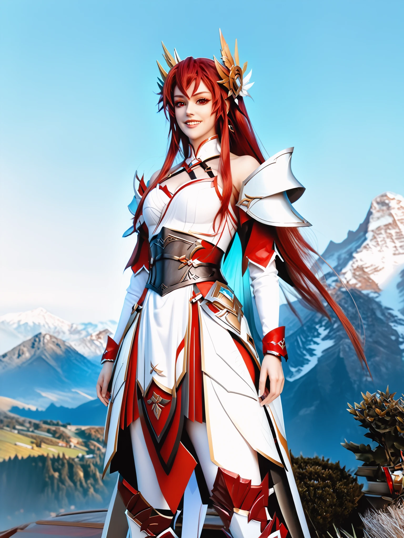 8k ultra hd, photorealistic, hyperdetailed, 3d rendered, masterpiece, mountain landscape, solo, 20 years old , Elesis Sieghart(elsword), sword holding girl, red hair, long hair, red eyes, perfect hands (5 parmak), rias gremory, irelia, white and red armored uniform, female redhead Templar , fus rei, female action anime girl, elsword style, sao style, Arc, Gungnir, confident smile, full body