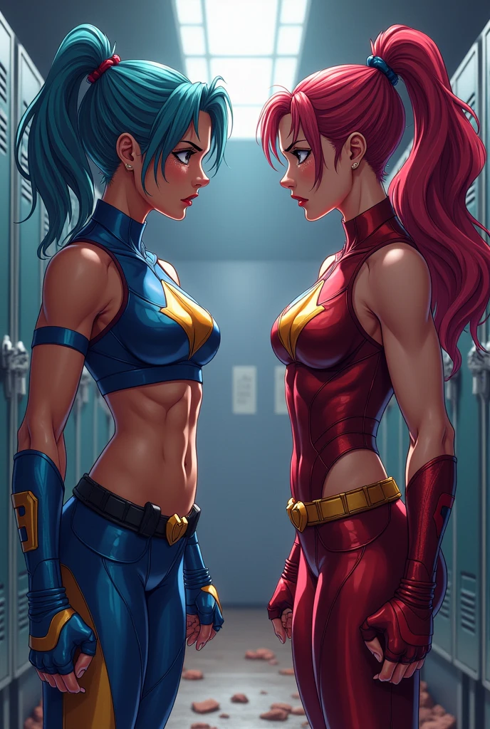 A closeup of a woman wearing red cat uniform with blue coat and some other poses, front side and back poses, cutesexyrobutts, woman with short black hair with light blue locks, eyes with bright blue and red tones with vampire iris, pale skin, vampire, pointed ears, muscular!, fit body, gynoid body,sweaty body, perfect body, fit body, abdomen, large breasts, chubby butt, prancing ass, prancing butt, full body concept art, detailed full body concept art, Cushart Krenz Key Women's Art, Masamune Shirow style, Yusuke Murata style, Ilya Kuvshinov, Oppai proportions, official character art, uniform, full body concept, (best quality, masterpiece) a cute chibi girl,