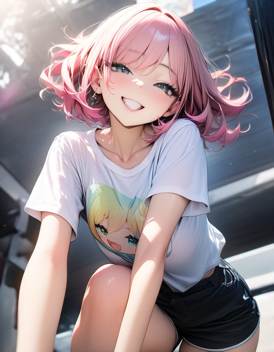 ((最high quality, 8k, masterpiece)), High resolution、(high quality: 1.5)、Very detailed、Detailed face、Bright colors、Natural light、Fine grain、Colorful eyes、Beautiful Face、Highly detailed face texture of a woman,masterpiece, 最high quality, Detailed and beautiful eyes,最high quality、Best image quality、masterpiece,girl,smile,From below,grin,(Brat),Pink Hair,Cute clothes,Printed shirt,Shorts,Just beautiful,masterpiece,(laugh at),最high quality、so beautiful,High resolution,1girl, solo,(masterpiece:1.2)、(最high quality:1.2)、Latest Glossy Skin