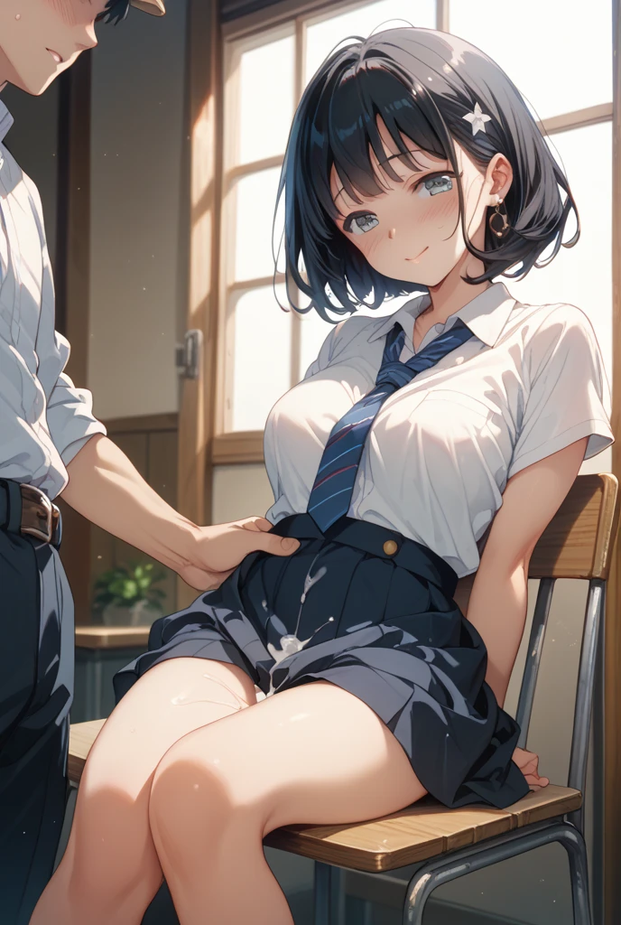 NSFW, (((masterpiece, best quality, Photo realistic))), (shiny skin), (UHD, 8K wallpaper, High resolution), Perfect anatomy, Cinematic lighting, physically-based rendering, award-winning, extremely detailed skin, extra detailed face, eyes with beautiful details, Carl Zeiss 85 mm F/1.4, (1 man and 1 girl, couple:1.5), Cute 16-year-old Japanese schoolgirl, sitting on the chair, (black hair, short bob cut, brown eyes, round face), big breasts, wet  naked topless nipple, navy pleated Skirt lift, navy high socks, (noseblush, naughty, half opened eyes, drooling), spread legs, thigh focus, in the classroom, blue hour, (1 man is a 15 years, a man is hugging the girl from behind:1.5), a man is wearing hero suit, (a man touches girl's :1.5), [full body shot], shot from below,