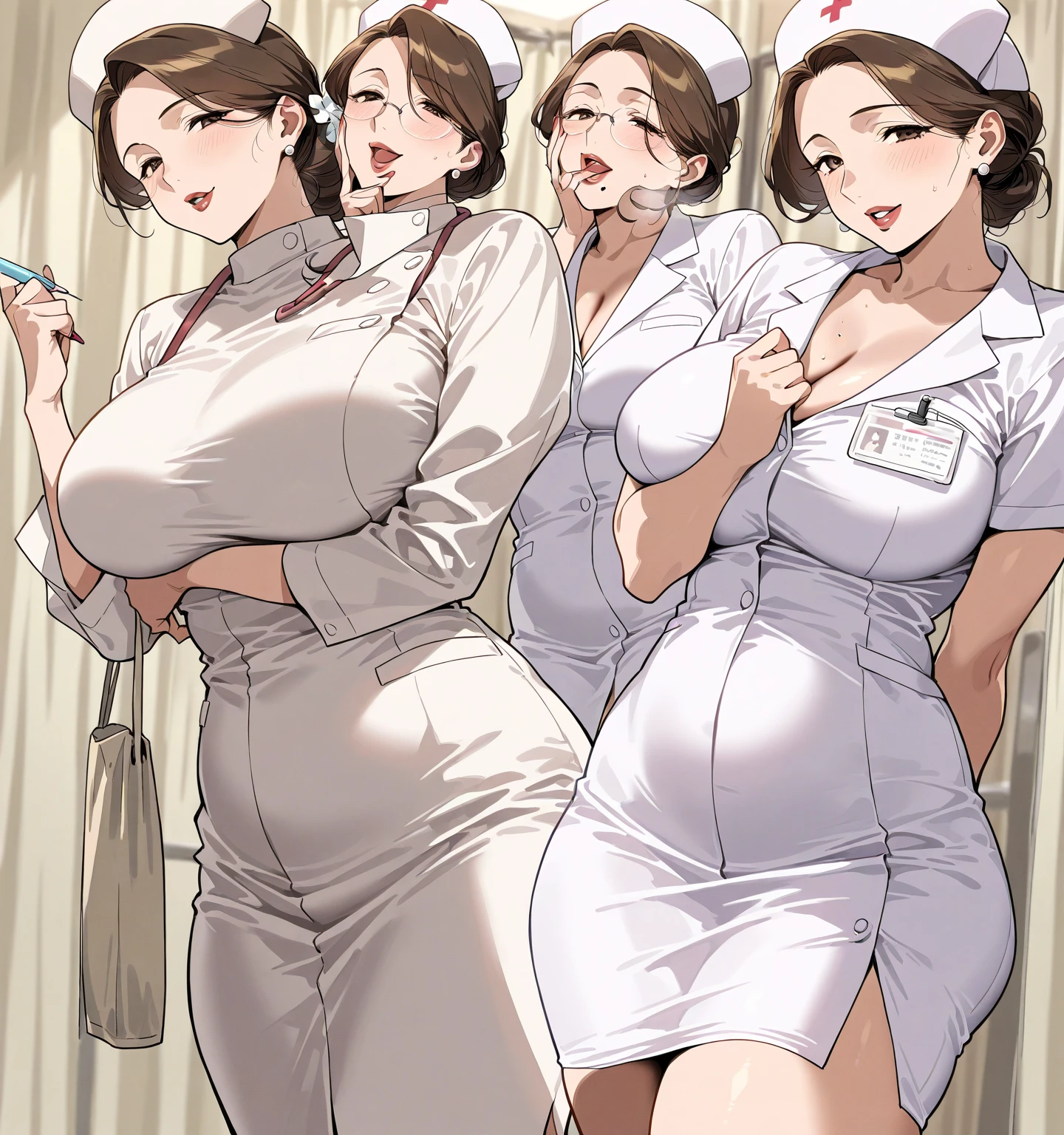 ((masterpiece)),(((best quality))),((character design sheet)),((rough sketch)),((vulgar)),thick thighs,african girl,((between breasts)),pussy juice,((wearing an Wet sexual nurse uniforms and nurse cap)),shirt harf lift,milking