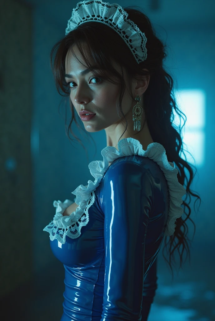 (masterpiece:1.4), (best quality:1.4), extremely detailed, intricate, hyper detailed, illustration,soft lighting, scenic, Jennifer Lawrence, disgust, Navy blue hair, colorful, colorized, from_above ,vampire_costume , runway