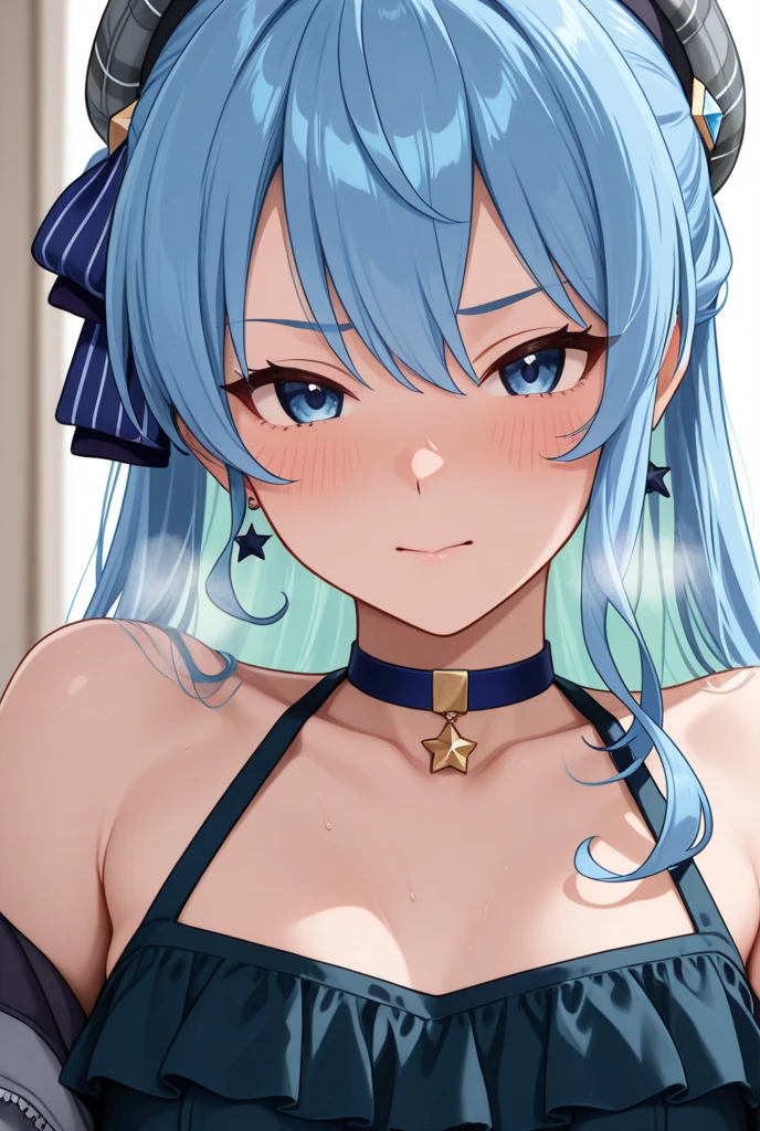 Furina,1girl,solo,long hair,ahoge,blue eyes,white hair,blue hair,bangs, finger frame, close up, off shoulder, collar bone, cleavage, look at viewer, front, smile, presenting armpit