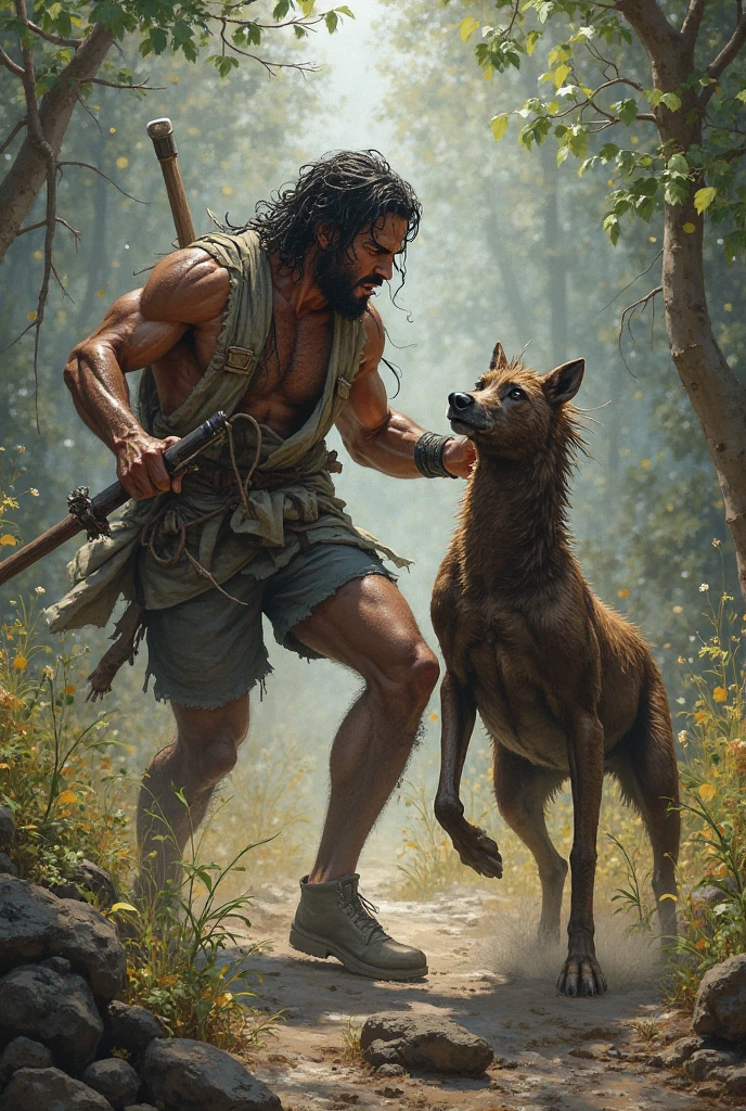 a painting of a man kneeling down with a dog and a stick, centaur from greek mythology, a centaur, art for the fool tarot card, male centaur centaur chimera, robin hood, centaur, full color illustration, painting of goliath, cernunnos, story book illustration, fantasy card game art, slavic mythology, playful peasant man