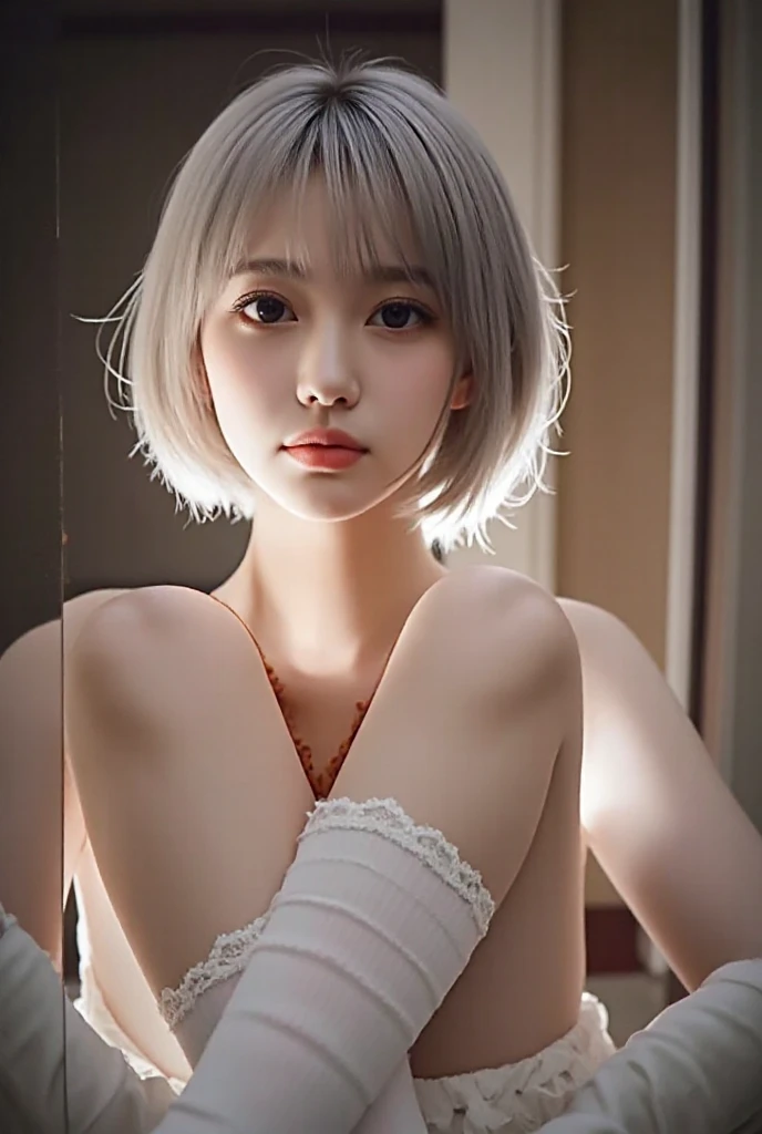 masterpiece, best quality, 1girl, White hair, red eyes, bunny head band, short hair,blush,solo,beauty,girl,photorealistic,(naked),(no panty),slender,sexy pose