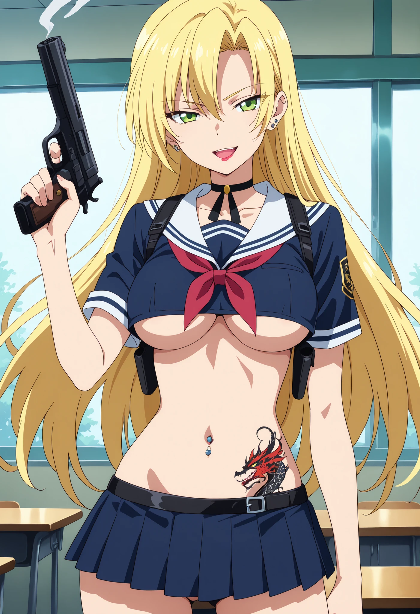 (3r1k4),ribbon choker, blonde hair,
,serious, green eyes, ear piercing, long hair, blush, lipstick,Hot girl, baddie, smoking, sensual, attractive ,, looking at viewer, solo, nmasterpiece, best quality, highly detailed, a girls in sailor uniforms with a gun posing for a picture, evil
smile, smile, open mouth,black_serafuku, (nsfw) not safe for work, ecchi style, high school girls, holding
a gun, hold a gun, micro skirt, exposed belly, exposed navel, exposed midriff, holding pistol,underboob,
exposed lower belly,school, classroom, navel piercing , shoulder holster,,, medium breast, dragon tattoo on waist, narrowed eyes, tattoo on waist,,anipai_style , anime screencap , anime coloring