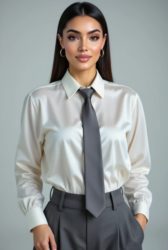 Pale solid color background,japanese mature, 40 years, governess, Slim figure, 独奏, He stands in the center of the screen and looks straight ahead with a serious expression with his mouth and eyes closed., White blouses, Black tight skirt, Composition from knees to top of head, hight resolution, high-level image quality, high detailing, Textured skin, tre anatomically correct, sharp,