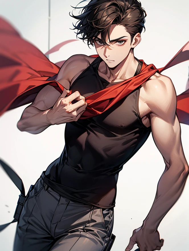 ruby gem belt, ruby aura, on a beach, muscular male, black hair, black shirt
